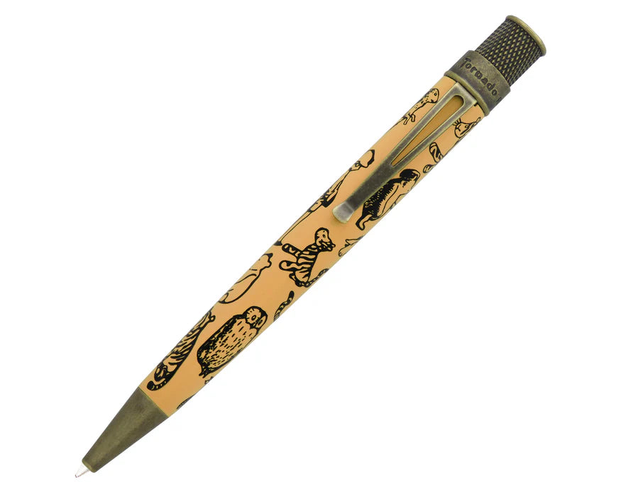 Retro 51 rollerball pen featuring A.A. Milne's The House at Pooh Corner and E.H. Shepard's artwork, with a tornado design on the barrel.