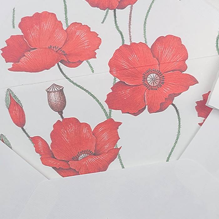Rossi lined envelopes featuring a vibrant poppies design, perfect for elegant correspondence and special occasions.