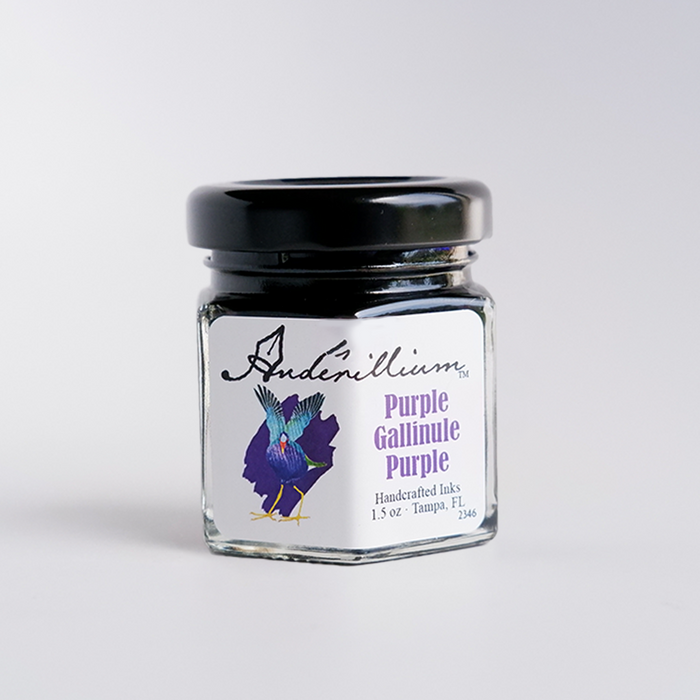 Anderillium Purple Gallinule Purple fountain pen ink bottle with vibrant purple ink in a glass container.