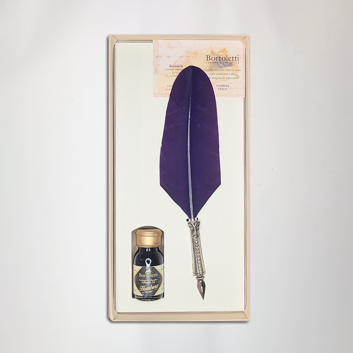 Bortoletti glass feather dipping pen set with purple handles, ideal for calligraphy and artistic writing, featuring elegant design and craftsmanship.