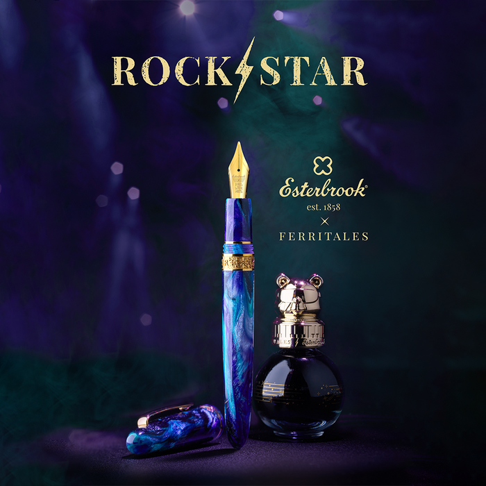 Esterbrook The Rockstar Estie fountain pen with a vibrant, artistic design and gold accents, displayed on a white background.