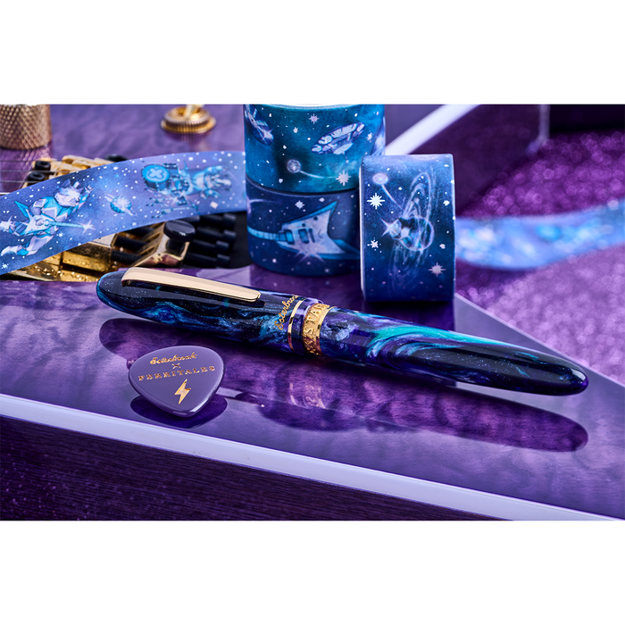 Esterbrook The Rockstar Estie fountain pen with a vibrant, colorful design and gold accents on a white background.