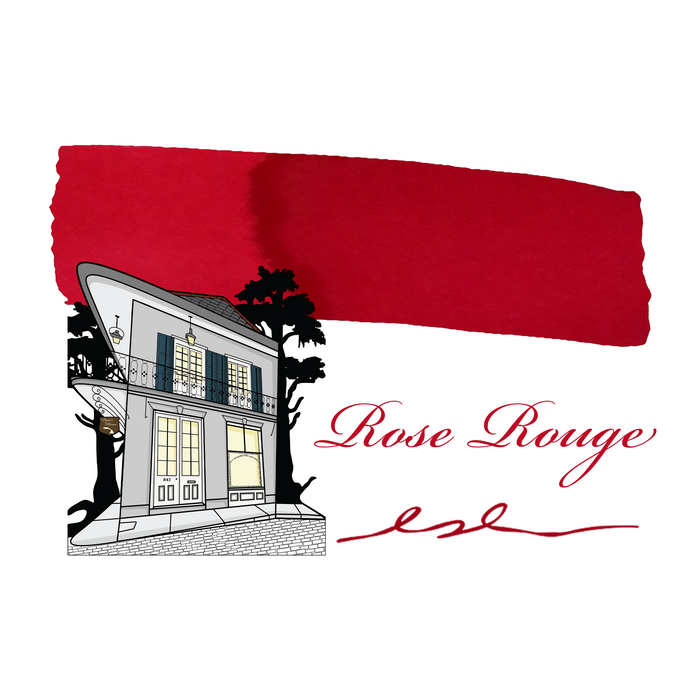 Swatch of Papier Plume Rose Rouge fountain pen ink showing vibrant pinkish-red color on paper.