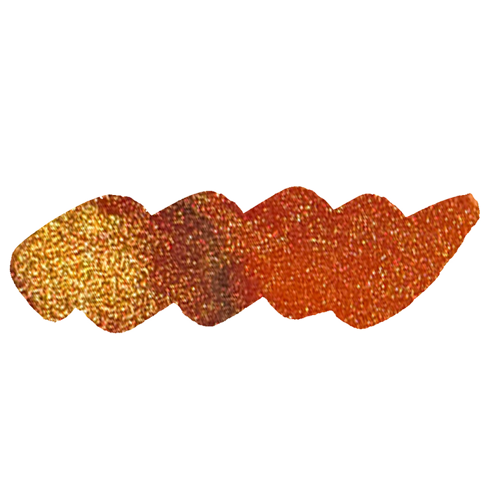 Papier Plume Rusty Rainbow shimmer fountain pen ink bottle with colorful ink swatches on label.