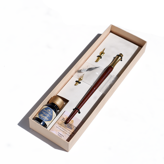 Bortoletti wood and brass dip calligraphy pen set with nibs and ink, perfect for elegant writing and artistic lettering.