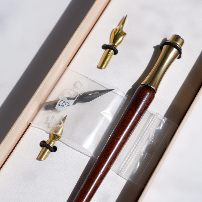 Bortoletti wood and brass calligraphy dip pen set with nibs and ink, perfect for artistic lettering and calligraphy projects.