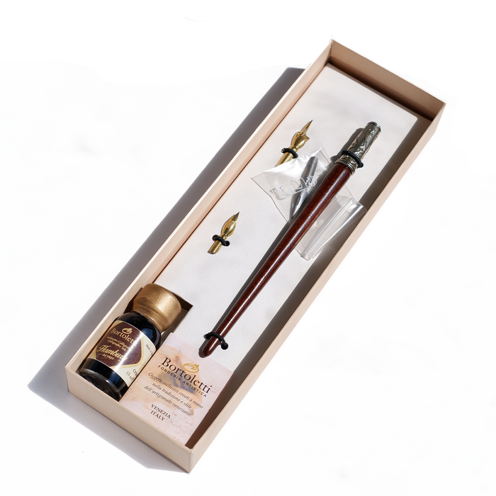 Bortoletti wood and bronze dip calligraphy pen set with nibs and ink bottle for artistic writing and calligraphy projects.