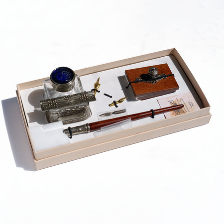 Bortoletti Calligraphy Set 61 featuring a calligraphy pen with nibs and ink bottles for artistic lettering and writing.