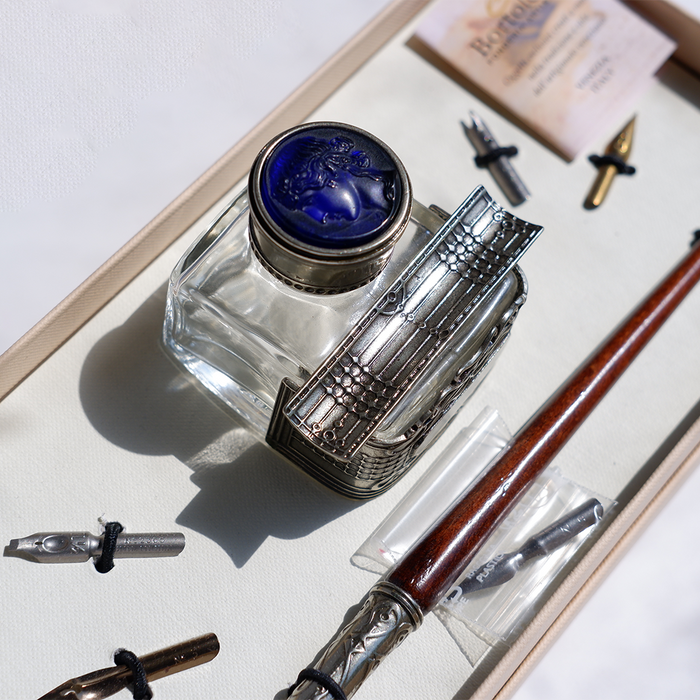 Bortoletti calligraphy pen set with elegant nibs and ink holder, ideal for artistic calligraphy writing and lettering.