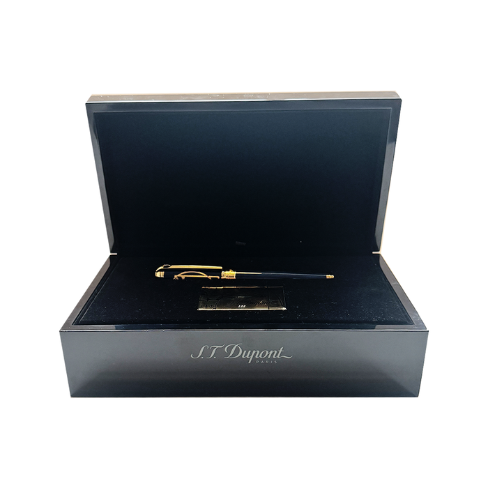 S.T. Dupont Vitruvian Man Blue limited edition fountain pen with intricate design and gold accents.