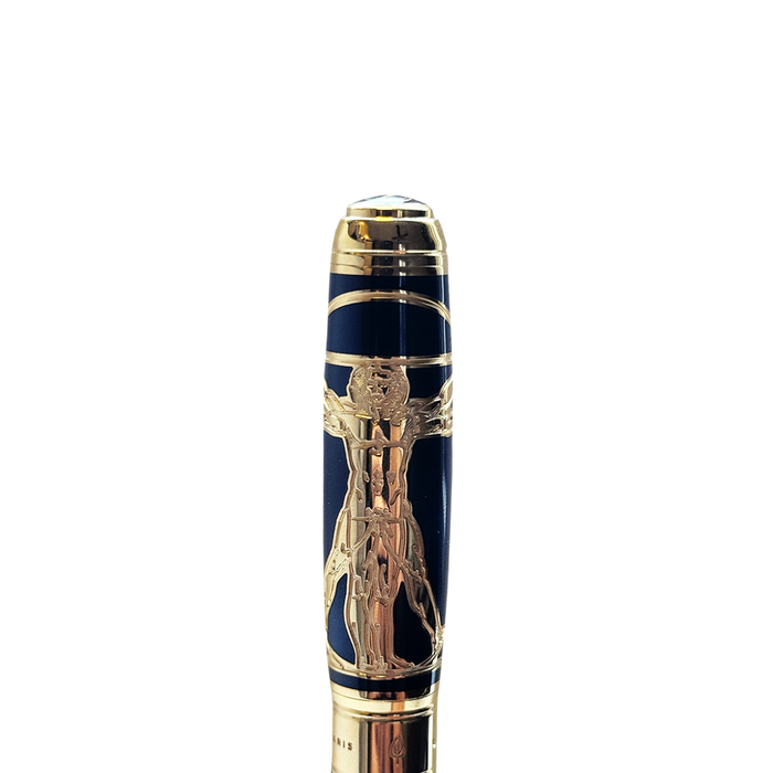 S.T. Dupont Vitruvian Man Blue limited edition fountain pen with intricate design and gold accents, showcased on a white background.