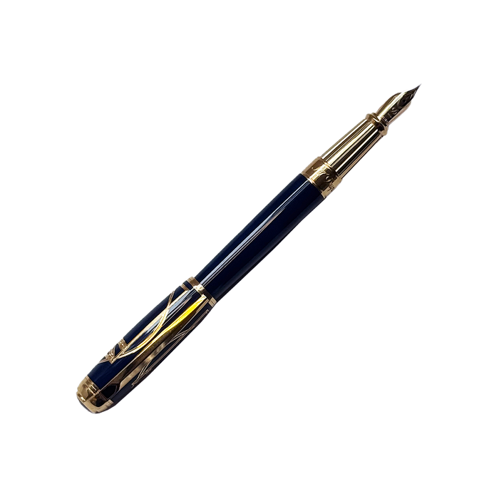 Blue limited edition S.T. Dupont Vitruvian Man fountain pen with intricate design and gold accents, displayed on a neutral background.