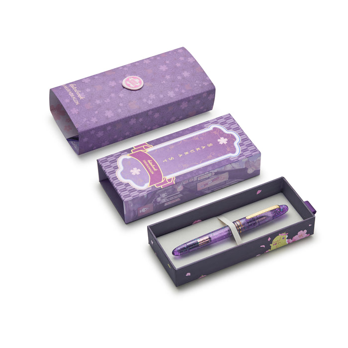 Esterbrook Sakura Street Estie fountain pen with a pink and black floral design, showcasing its elegant silhouette.