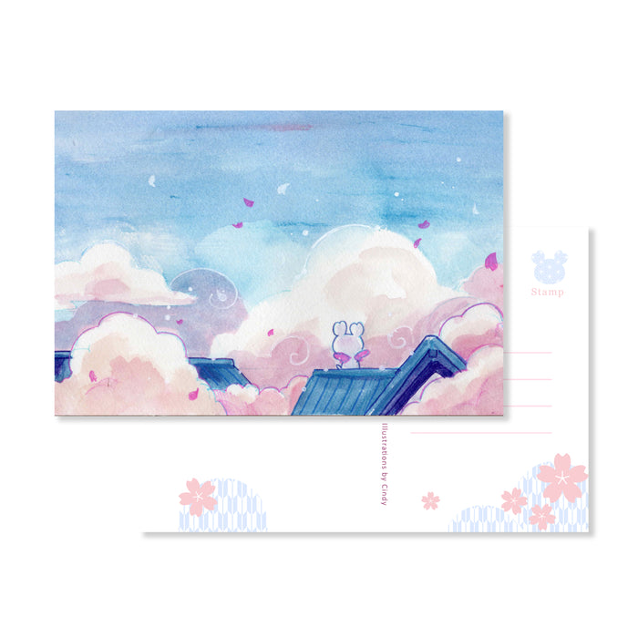 Silhouette of Sakura Street postcards by Papier Plume featuring cherry blossom designs on a white background