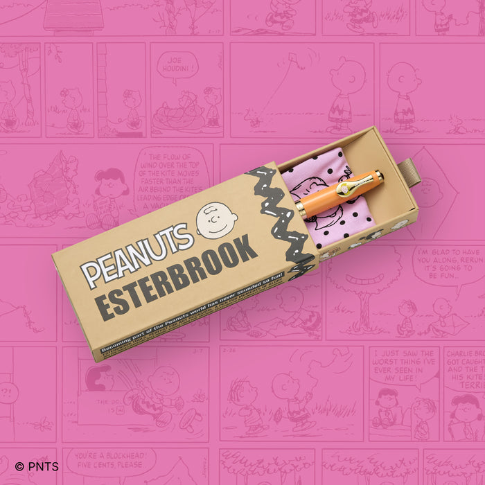 Esterbrook x PEANUT Sally Estie fountain pen with comic-style background, featuring colorful design and smooth ink nib.