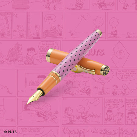 Esterbrook Sally Estie fountain pen with colorful comic-style background, featuring a sleek design and vibrant ink details.