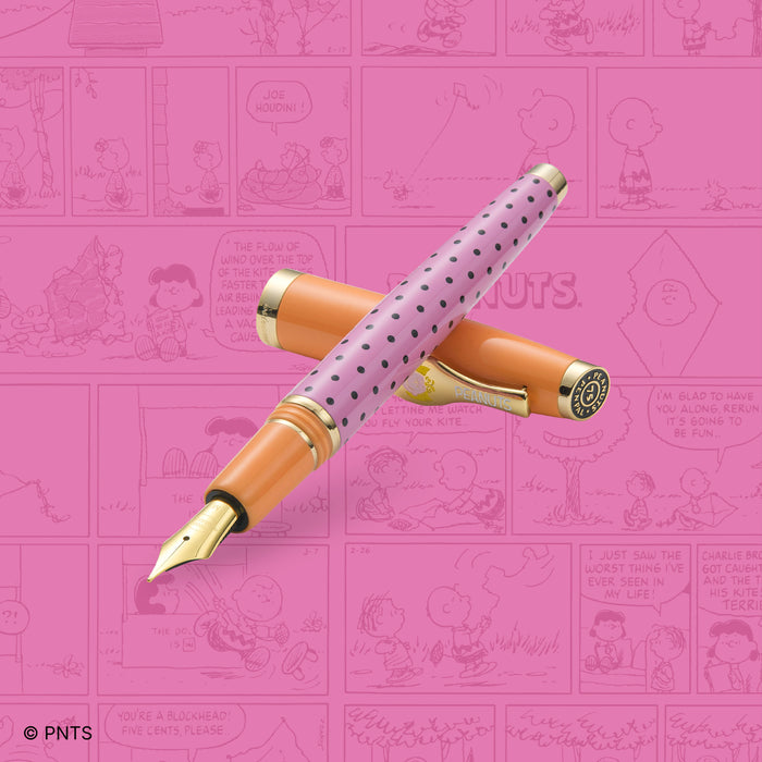 Esterbrook Sally Estie fountain pen with colorful comic-style background, featuring a sleek design and vibrant ink details.