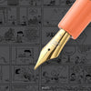 Esterbrook x PEANUT Sally Estie fountain pen with gray background, showcasing the pen's design and branding details.