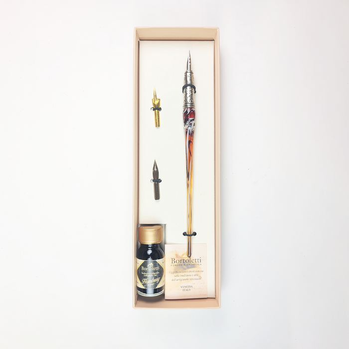 Set of 20 amber glass dipping pens by Bortoletti, featuring elegant, hand-blown glass design ideal for calligraphy and artistic writing.