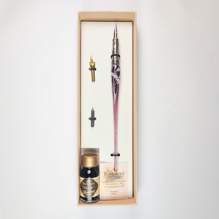 Set of 20 Bortoletti glass dipping pens with amethyst-colored handles, ideal for calligraphy and artistic writing.