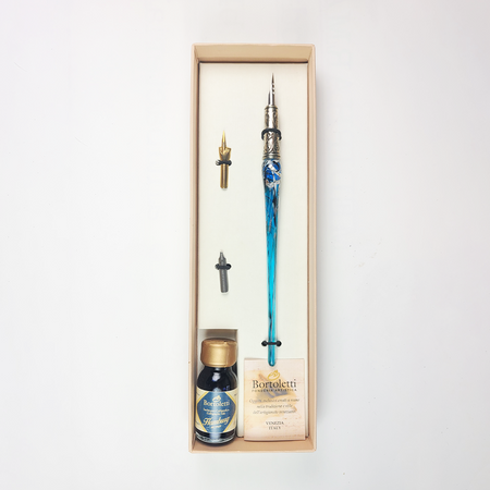 Set of 20 aquamarine glass dipping pens by Bortoletti, featuring elegant, smooth glass tips for calligraphy and artistic writing.