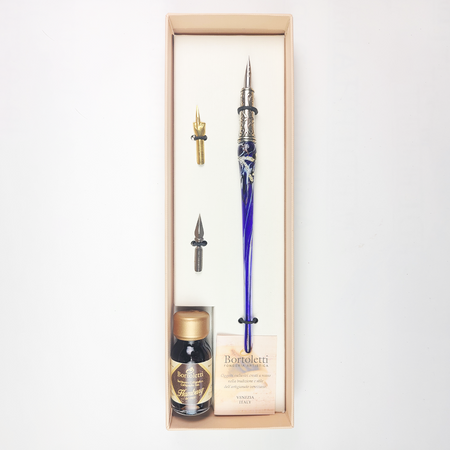 Set of 20 blue glass dipping pens by Bortoletti, featuring elegant, handcrafted writing tools for calligraphy and artistic drawing.