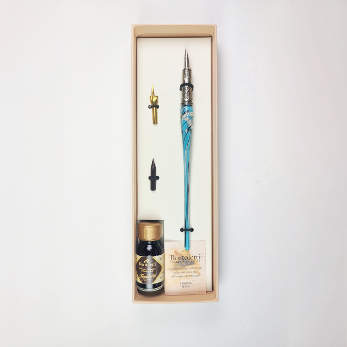 Set of 20 turquoise glass dipping pens by Bortoletti, featuring elegant, smooth glass tips for calligraphy and artistic writing.