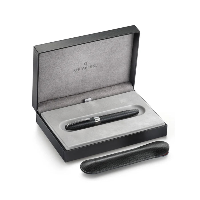 Sheaffer Legacy Chevron black matte fountain pen with gold accents, showcasing its elegant design and branding.