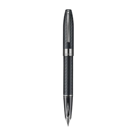 Sheaffer Legacy Chevron black matte fountain pen with gold accents, featuring a sleek design and textured grip.