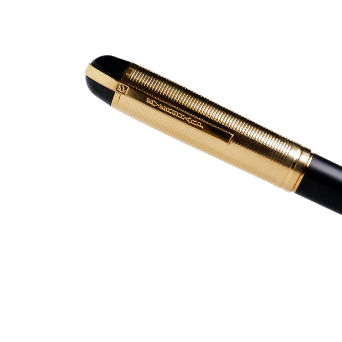 Wahl-Eversharp Skyline gold trim ballpoint pen with black body, sleek design, and metal clip, showcasing elegant writing instrument.