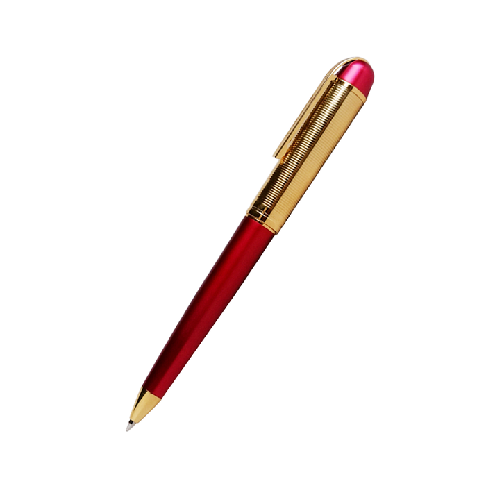 Wahl-Eversharp Skyline gold trim ballpoint pen with sleek red barrel and shiny gold accents, positioned on a white background.