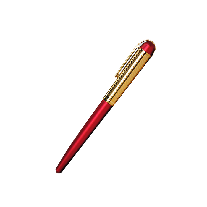 Wahl-Eversharp Skyline rollerball pen with gold trim and red body, showing the sleek, elegant design and fine writing tip.
