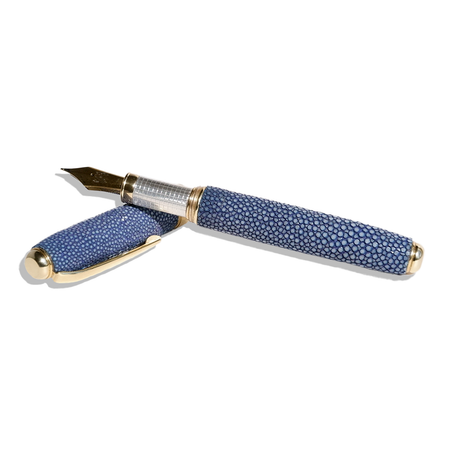 Grifos fountain pen with stingray leather grip and barrel, showcasing luxurious textured leather and elegant design.