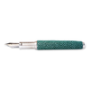 Grifos fountain pen with Raya Green ink, featuring a stylish design and a textured leather grip on a green background.