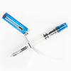 TWSBI Eco transparent blue fountain pen with clear barrel and metallic nib, showcasing its sleek design and ink reservoir.