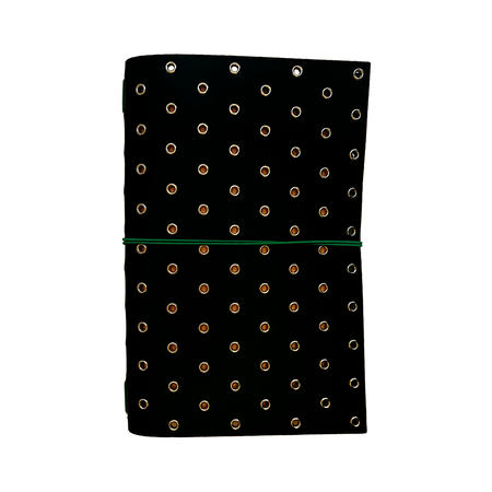 Black leather A5 bifold journal cover by Imperfect Concepts with silver grommets and stylish design.