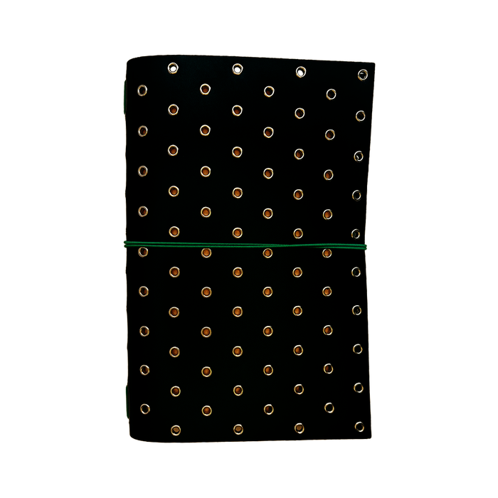 Black leather A5 bifold journal cover by Imperfect Concepts with silver grommets and stylish design.