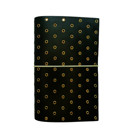 Imperfect Concepts Thatcher olive A5 bifold journal cover with gold grommets, stylish and durable leather-like material.