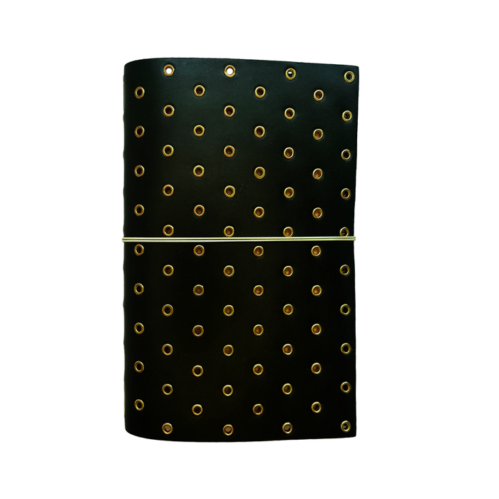 Imperfect Concepts Thatcher olive A5 bifold journal cover with gold grommets, stylish and durable leather-like material.