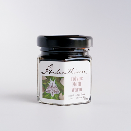 Anderillium Tolype Moth Warm fountain pen ink bottle with a deep warm brown color and label design.