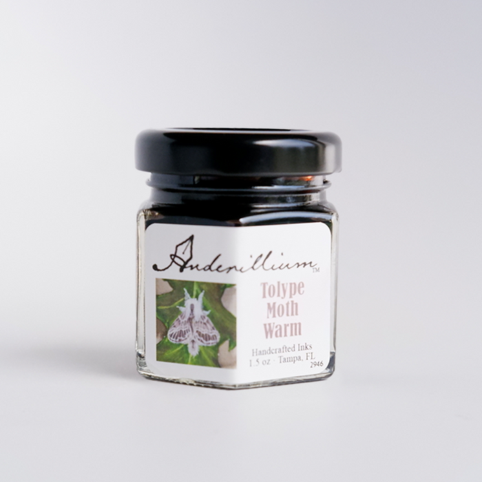 Anderillium Tolype Moth Warm fountain pen ink bottle with a deep warm brown color and label design.