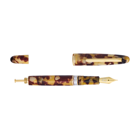 Esterbrook Estie tortoise fountain pen with push button mechanism and piston filling system, showcasing elegant design and craftsmanship.