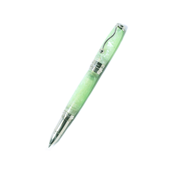 Jean-Pierre Lepine Indigo Classic Murano rollerball pen with green tea-colored barrel, elegant design and smooth writing tip.