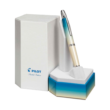 Pilot Seahorse Limited Edition Vanishing Point fountain pen with gold accents and a sleek black body, displayed on a white background.