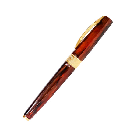 Visconti Mirage Mythos Apollo rollerball pen with intricate design and gold accents, displayed on a neutral background.