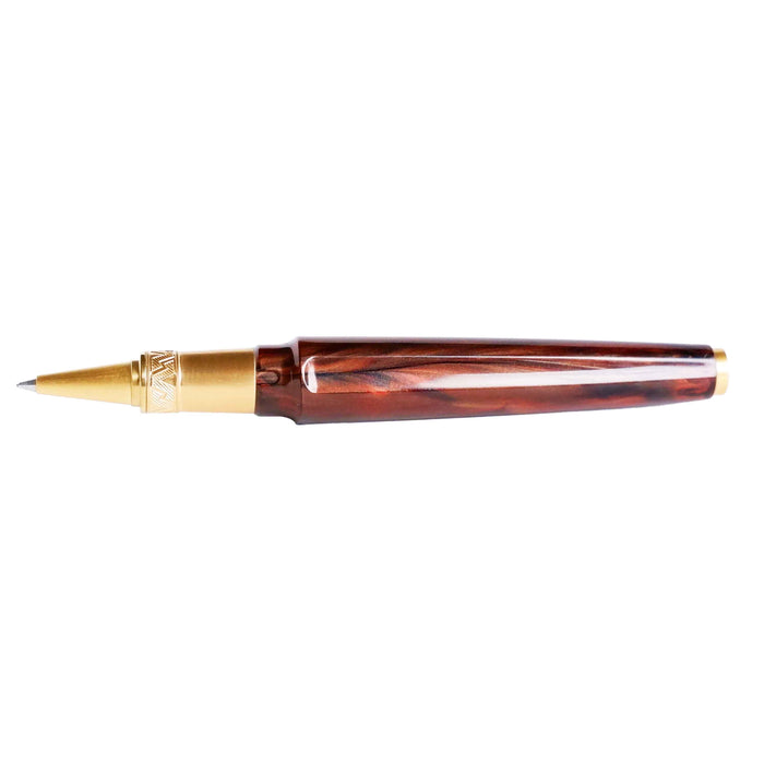 Visconti Mirage Mythos Apollo rollerball pen with gold accents and intricate design, displayed on a white background.