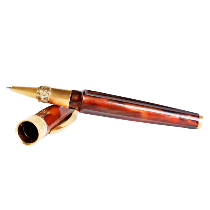 Visconti Mirage Mythos Apollo rollerball pen with sleek design and gold accents on a white background.