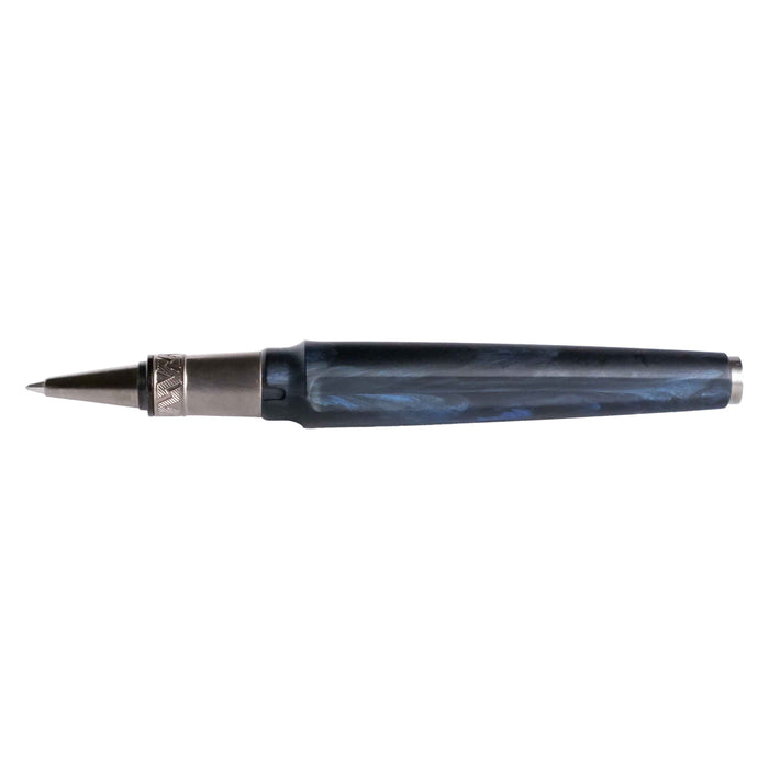 Visconti Mirage Mythos Poseidon rollerball pen with blue and gold accents, featuring intricate mythological design and sleek finish.