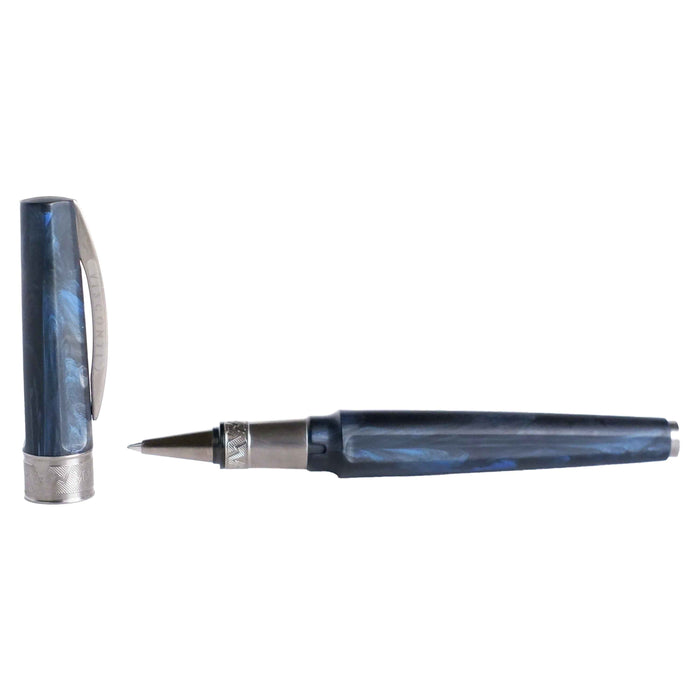 Visconti Mirage Mythos Poseidon rollerball pen featuring a detailed blue and gold design on a sleek body.