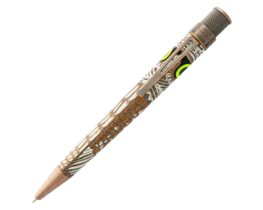 Retro 51 Tornado Rescue owl-themed ballpoint pen with detailed rescue owl illustration on ink barrel.